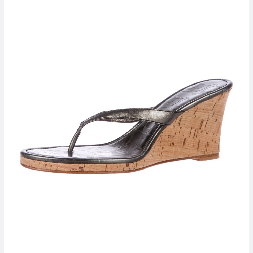 Coach Lannie Metallic Calf Leather Cork Wedge Sandals - Pewter